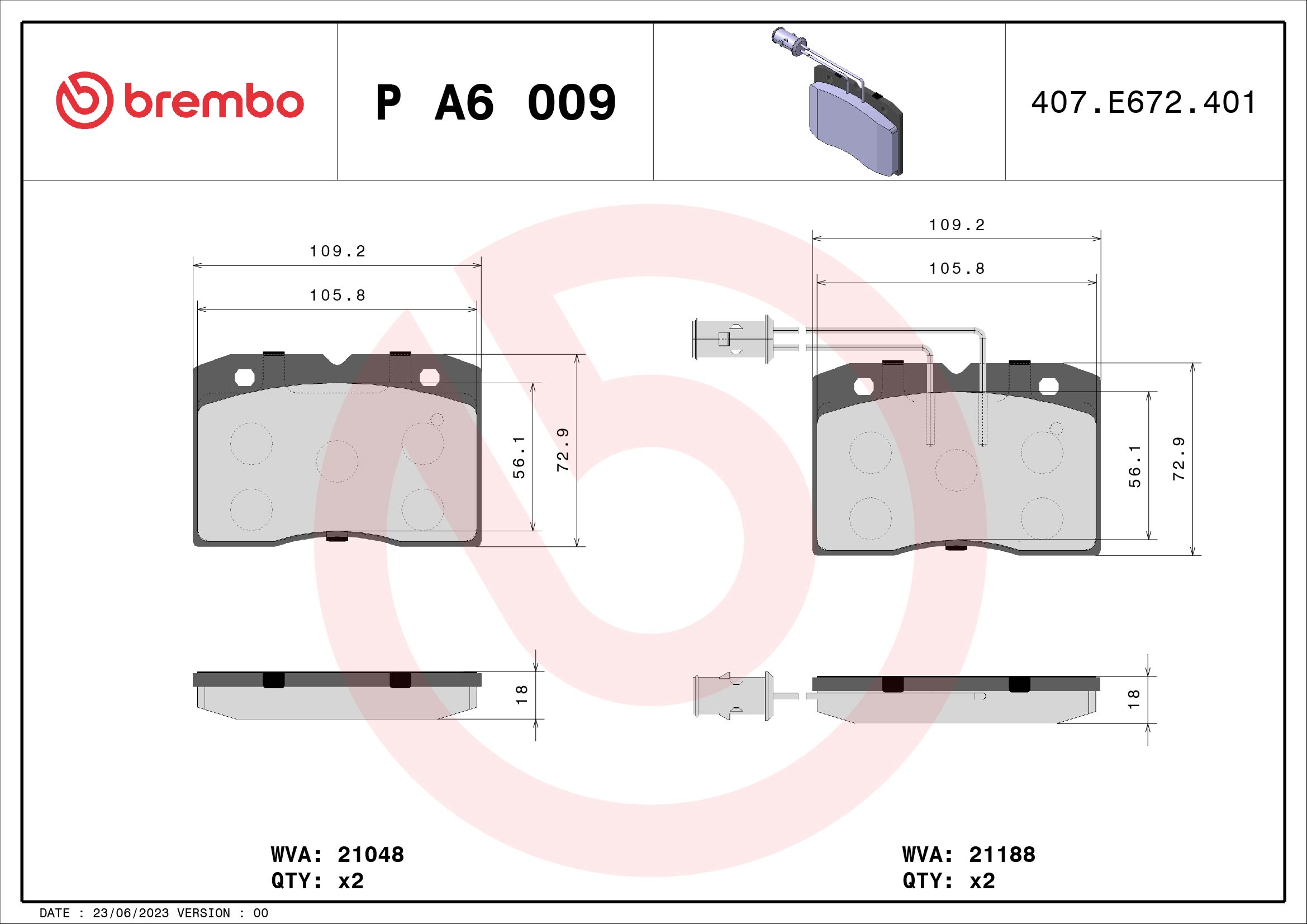 A.B.S. P A6 009 BREMBO Bremsbelagsatz, Scheibenbremse